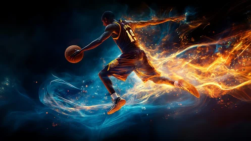 Flame-split baller soars through electric blue twilight court.