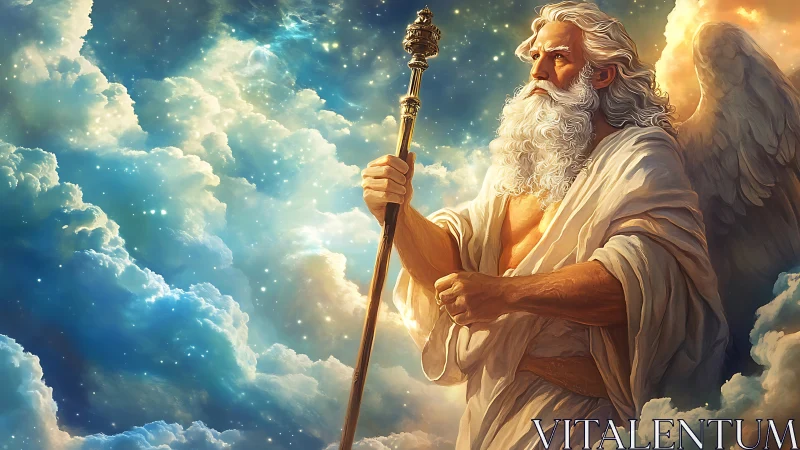 Celestial patriarch with scepter amid stratified luminous nebulae.