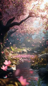 Cherry blossom ravine with shallow creek and volumetric backlight