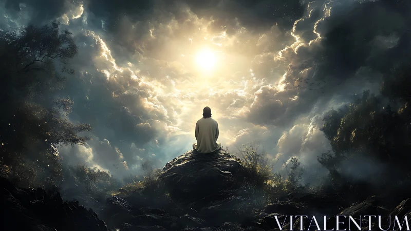 Solitary figure meditating beneath luminous storm clouds.