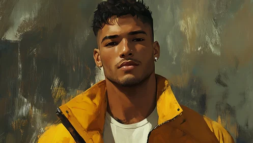 Warm-lit digital portrait of man in yellow jacket displays poise