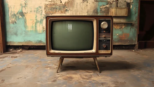 Vintage CRT television set centered in distressed interior space