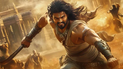 Heroic warrior charges through golden dust-filled battlefield.