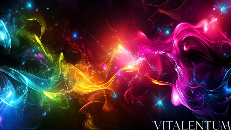 Multicolor abstract light streams on dark digital background.
