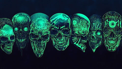 Neon cyber skull lineup with intricate glowing circuitry forms.