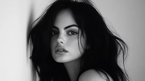 Monochrome muse gazes through shadow and soft grey silence.