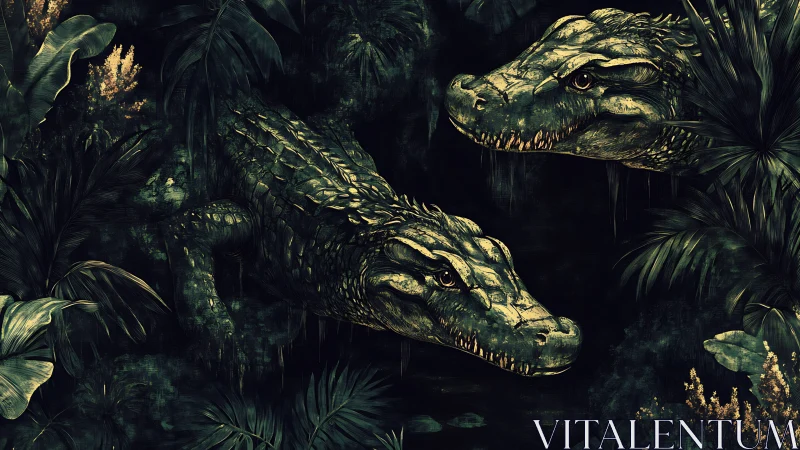 Nocturnal crocodiles emerging through dense tropical foliage.