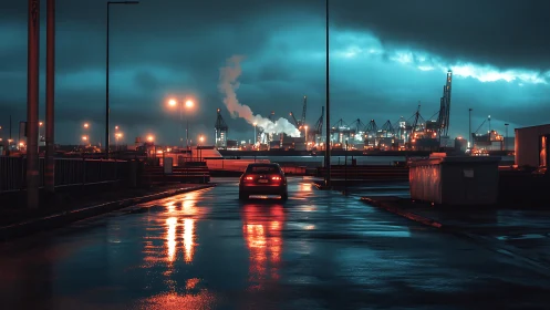 Car is parked on wet industrial road facing illuminated port
