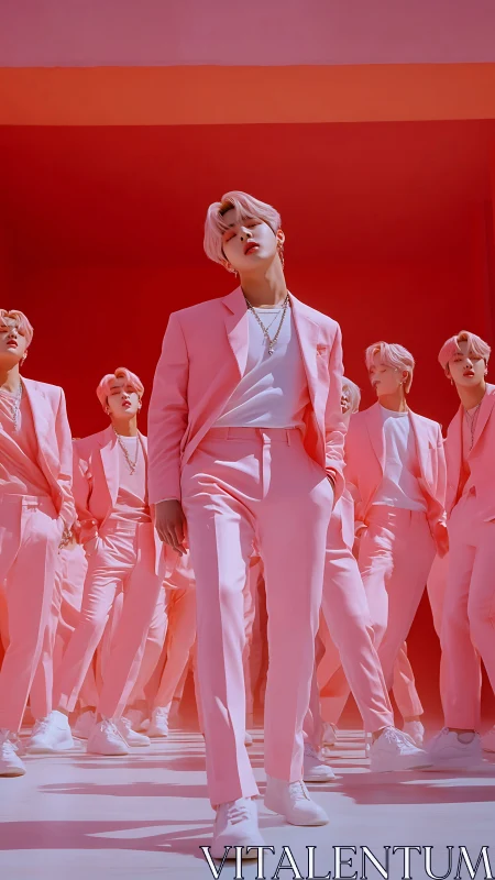 Multiple figures in coordinated pink suits stand in uniform light