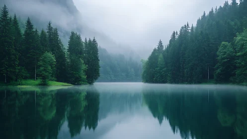 Alpine Lake Reflection: Misty Coniferous Forest Landscape.