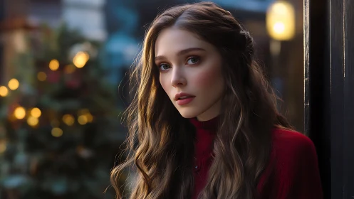 Soft winter portrait of a pensive woman by glowing lights