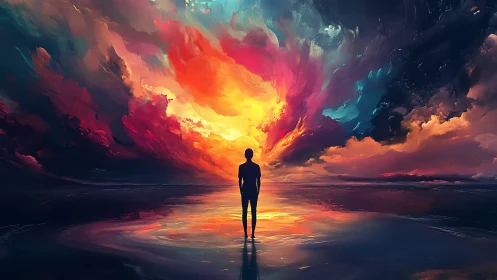 Silhouette before cosmic sunset sky over reflective shore.