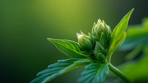 Morning light caresses a dewy green bud in soft focus