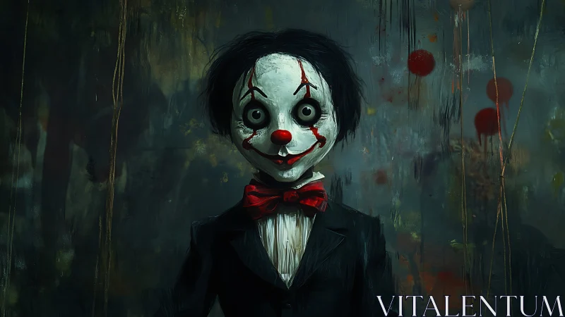 Sinister clown doll in tattered suit against smeared wall.