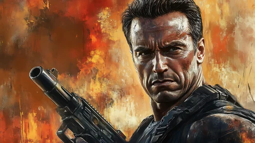 Armed soldier stares forward against burning abstract backdrop