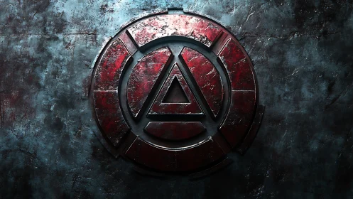 Metallic geometric emblem with concentric circular triangle form.