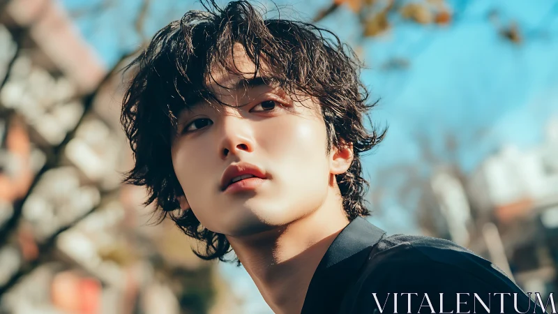 Soft daylight portrait of young man with tousled wavy hair