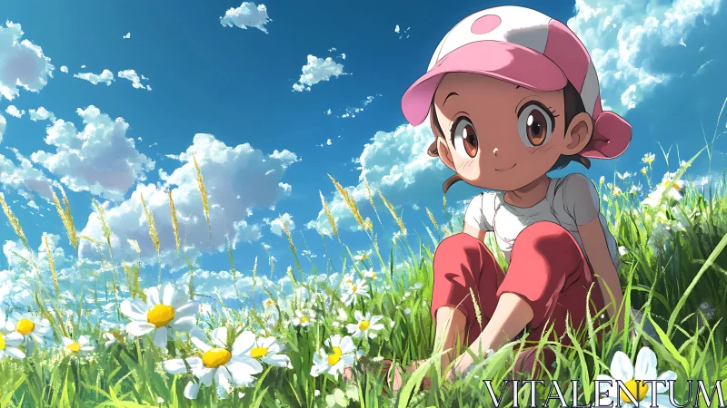 Sunlit meadow daydream with wide-eyed cap wearing child.