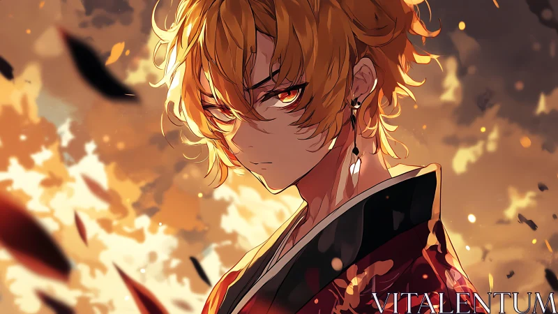 Intense anime boy with fiery eyes in glowing sunset scene.