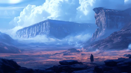 Solitary figure surveys eroded plateau under dense cloud bank