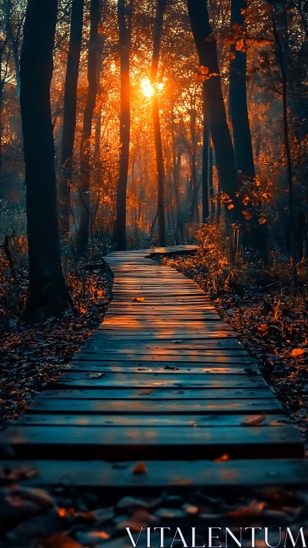 Golden Hour Path Through Autumn Woods.
