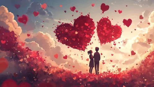 Two Figures Beneath Floating Heart Clouds in Romantic Sky.