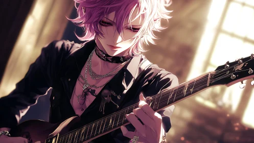 Moody pink haired guitarist in backlit anime rehearsal room.