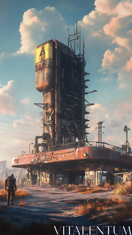 Post-apocalyptic rusted service tower dominates desolate highway