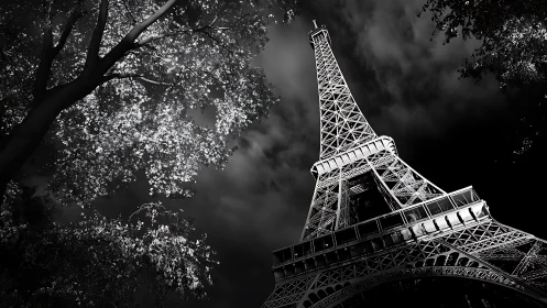 Moonlit Eiffel Tower rising beside softly glowing trees.