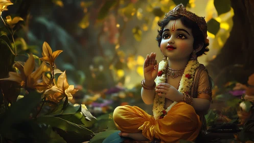 Divine child figure seated in forest with warm light glow.