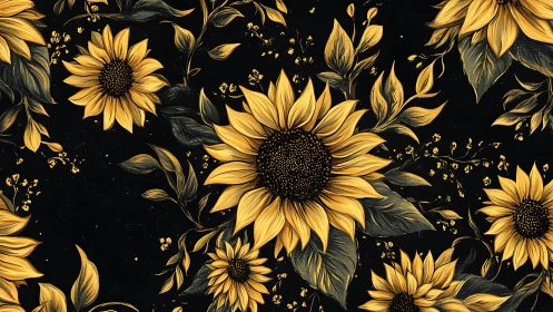 Golden Sunflowers Against Black Background Botanical Pattern.