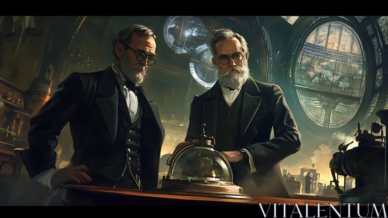 Two scientists in ornate observatory laboratory interior.