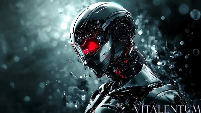 Cybernetic android head rendered with reflective metal detail