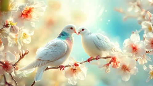 Pale Doves on Blossoming Branch: Soft 3D Digital Romance.