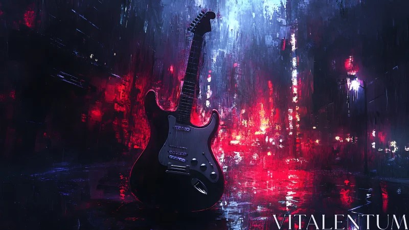 Neon rain crowns a lone electric guitar with urban echoes