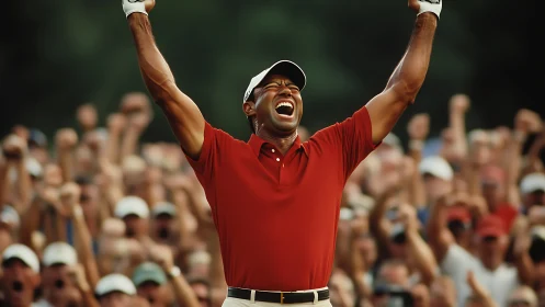 Joyful golfer celebrates a triumphant win with cheering crowd.