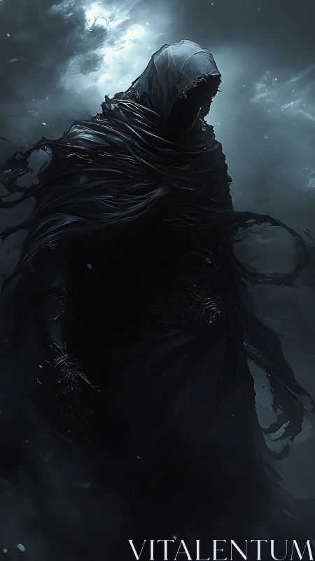 Hooded shadow figure in tattered cloak against cloudy sky.