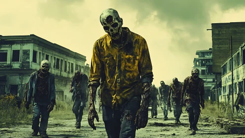 Rotting zombies advance through ruined city street at dusk