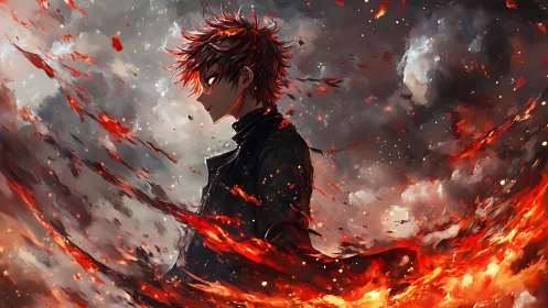 Firelit anime warrior in swirling embers and storm clouds.