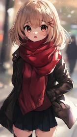 Young figure in red scarf and coat on blurred street.