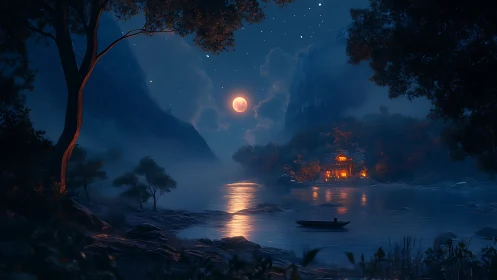 Moonlit lakeside sanctuary glows softly in tranquil night