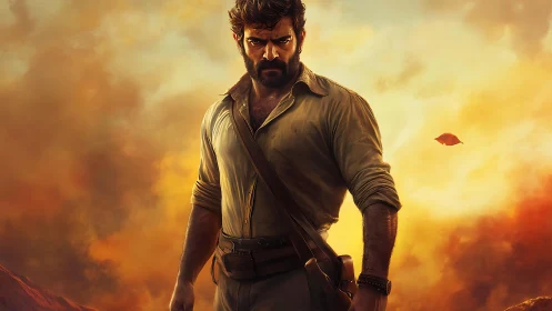 Determined adventurer stands against a blazing stormy sky