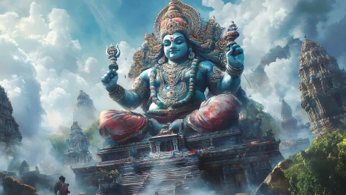 Sky-temple deity in serene blue watching over misty ruins.