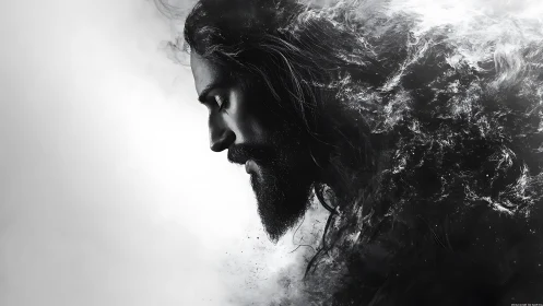 Brooding male profile dissolving into dark swirling smoke.