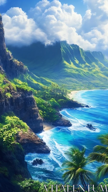 Island Paradise: Where Emerald Cliffs Meet Turquoise Waters.