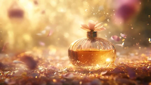 Golden perfume bottle glows softly amid drifting flower petals