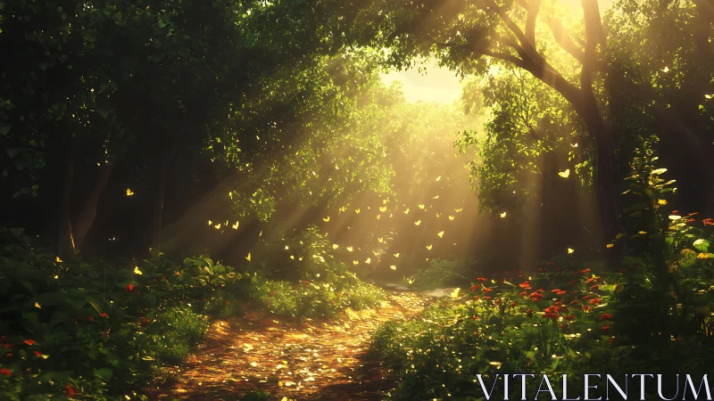 Digital painting of luminous forest path with dappled light composition.