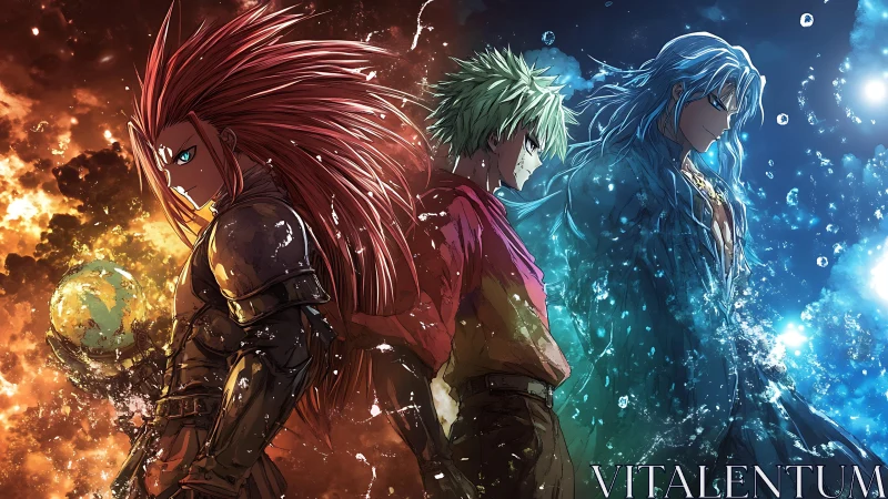 Elemental anime trio contrasted by fire, earth, and water.