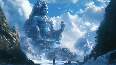 Colossal seated deity statue in misty mountain valley.