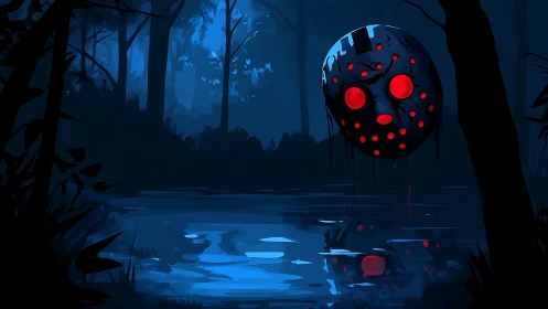 Hockey mask glows blood red above moonlit forest lake